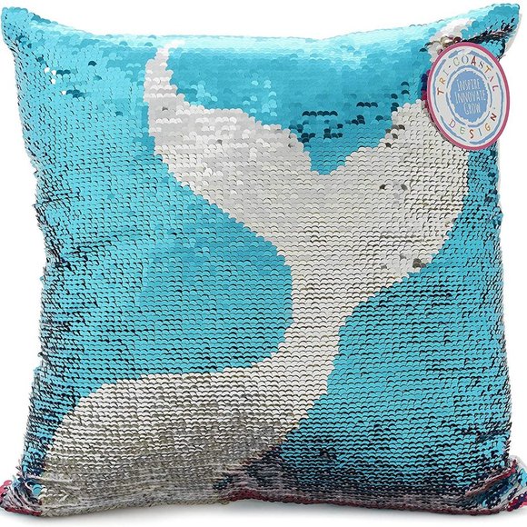 NWT Sparkly Charming Charlie Blue & Pink Reversible Mermaid Tail Sequin Pillow - Picture 4 of 7